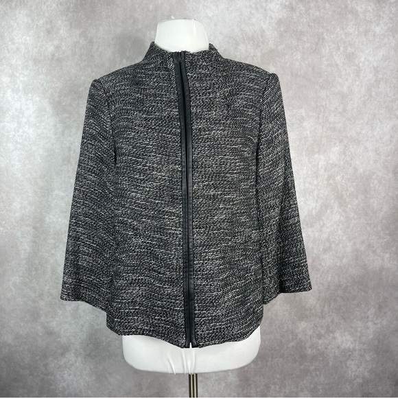 Eileen Fisher Black Tweed Leather Trim Zip Front  Jacket Blazer Women's Size M - Picture 1 of 11